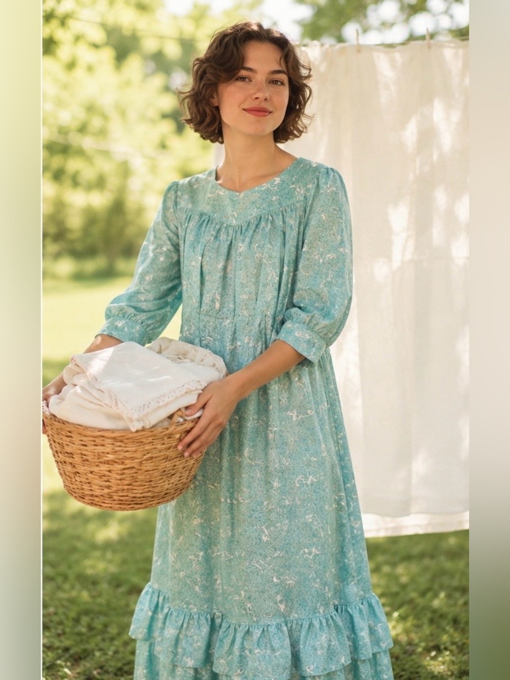 VINTAGE Green Muumuu Hawaiian Floral Caftan Maxi Dress Victorian MEDIUM READ
